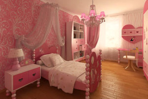 A delicate pink makes up most of the bedroom colors