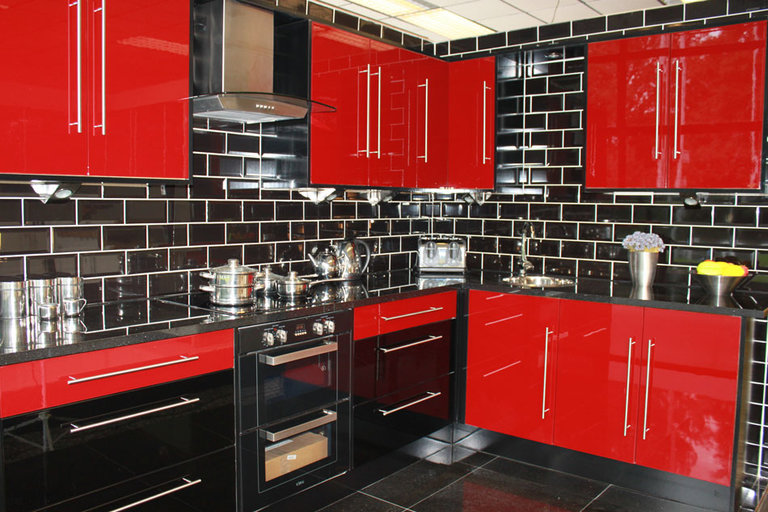 beautiful red and black kitchen