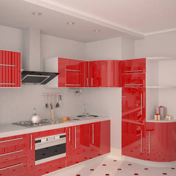 red kitchen with glossy facades
