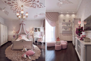 Luxurious girls' room design with delicate decor arrangements, such as princess rooms